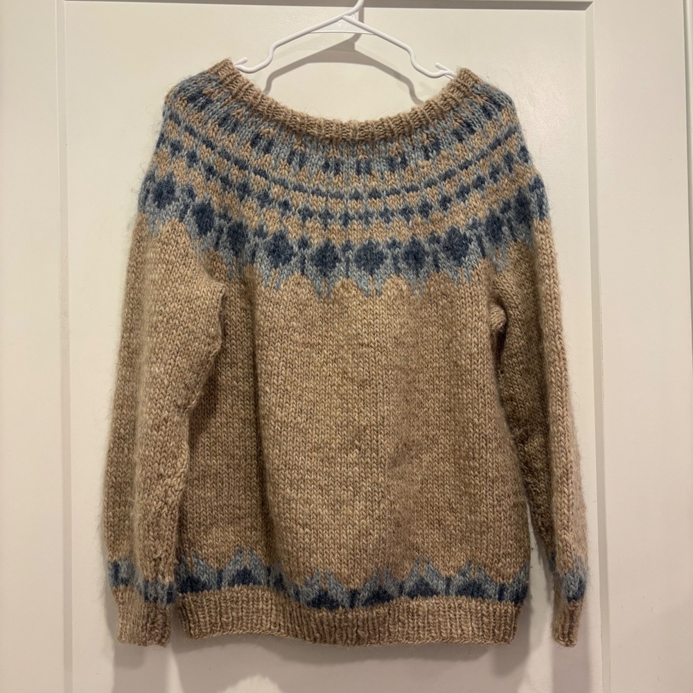 Handmade Chunky Knit Fair Isle Wool Sweater Tan Blue Yoke Pullover